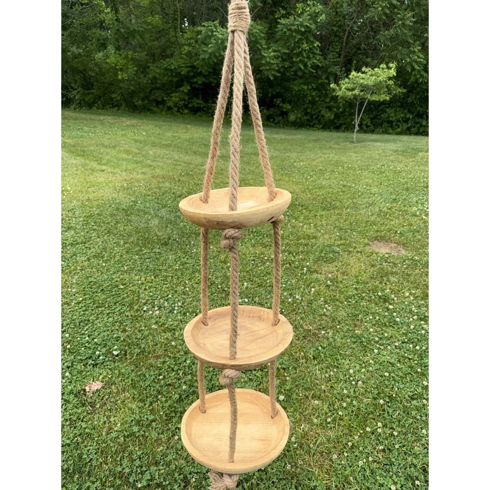 3 Tier Hanging Wooden Fruit Basket Rustic Jute Rope Boho Farmhouse Plant Holder